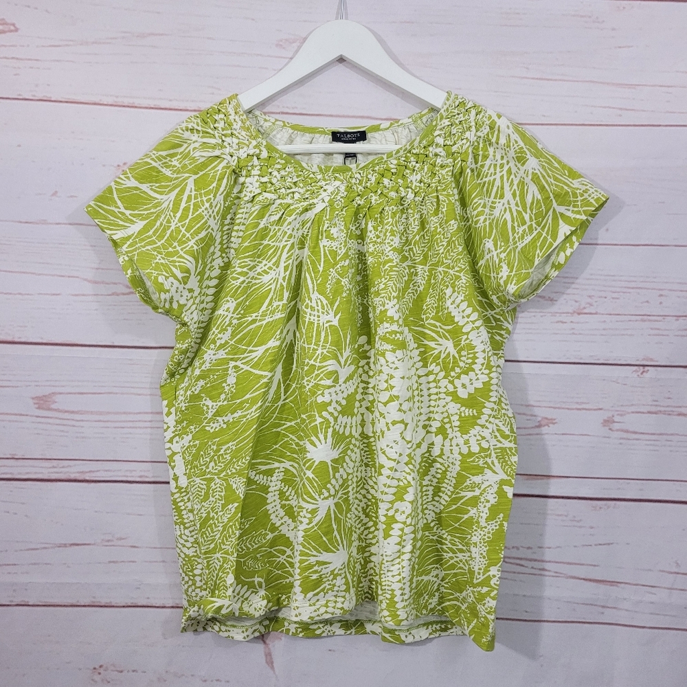 Talbots Woman Petite Top Floral Short Sleeve White Green Size XP NWT